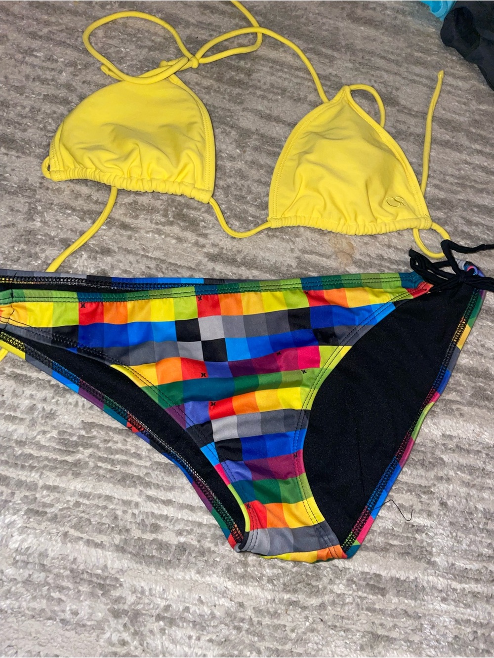 Hurley Yellow Triangle Bikini Top with Multicolor Plaid Bikini Bottoms